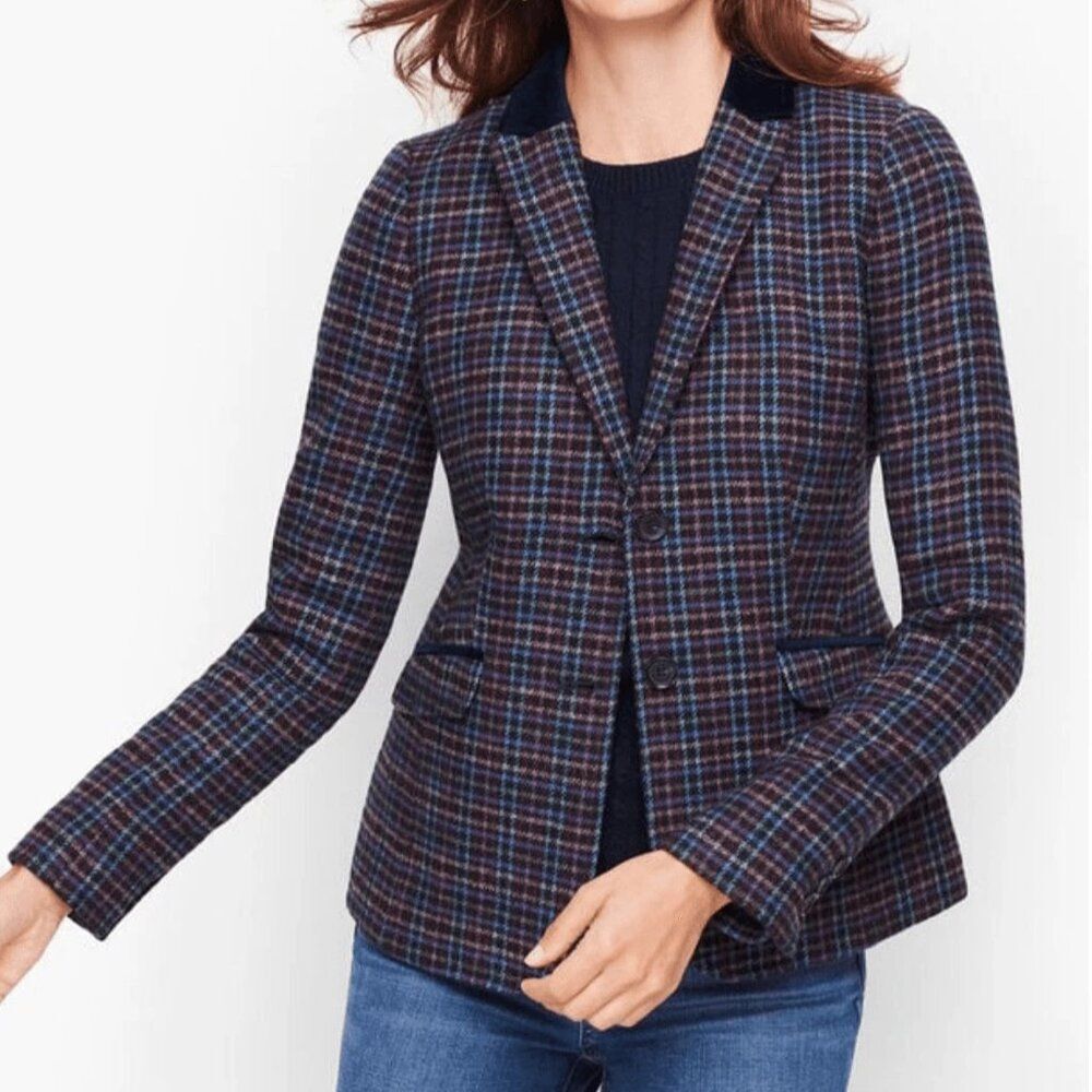 Talbots Mistletoe Plaid Shetland Wool Blazer Sz 10 Velvet Collar Blue Academia